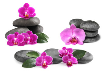 Naklejka na ściany i meble Set of beautiful orchid flowers with leaves and stones on white background