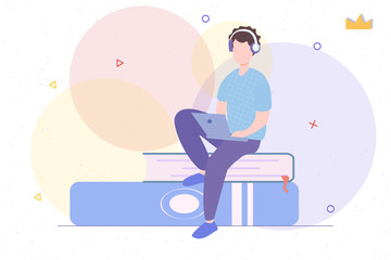 Online reading or library e-book education concept vector illustration Man sitting on pile of books with headphones and listen them online.