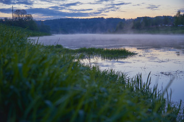 On a misty spring evening landscape. Fog over the river and forest.