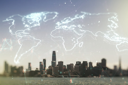 Abstract creative world map interface on San Francisco skyline background, international trading concept. Multiexposure