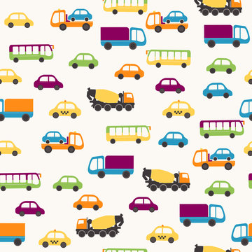Seamless flat cartoon vector pattern with cars, bus and trucks