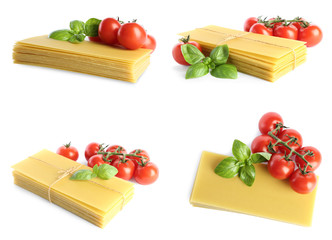 Set with stack of uncooked lasagna sheets, tomatoes and basil on white background