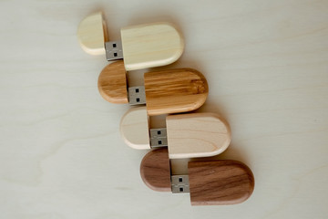 set of wooden brown usb flash drive, wooden packaging. Light and dark wood, data storage, beautiful photo feedback to the client. set for the photographer, presentable of photos, luxury.