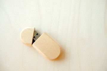 one wooden brown usb flash drive, wooden packaging. data storage, beautiful return of a photo to the client, for photographer, presentable  photo.