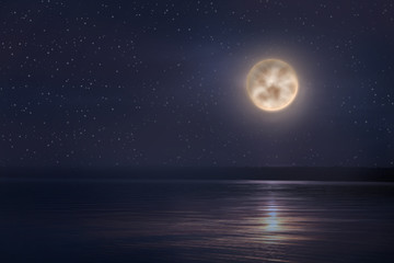 Naklejka na ściany i meble Beautiful seascape with full moon in night sky