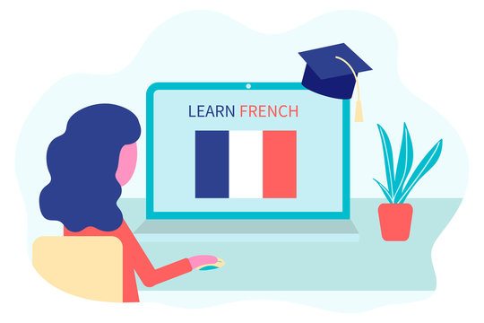 Online French Learning, distance education concept. Language training and courses. Woman student studies foreign languages on a website in a laptop. Vector in flat design.