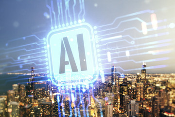 Double exposure of creative artificial Intelligence icon on Chicago city skyscrapers background. Neural networks and machine learning concept