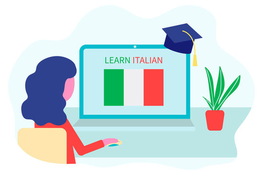 Online Italian Learning, distance education concept. Language training and courses. Woman student studies foreign languages on a website in a laptop. Vector in flat design.