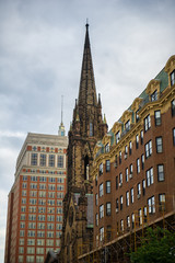 Details of The Church of the Covenant tower in Boston, Massachusetts.