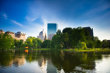 Skyline view of Boston, Massachusetts, from the Public Garden.