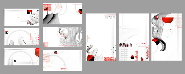 Black white red colors poster design Japanese style templates set invitations to lines abstract background. Stock illustration artwork business style