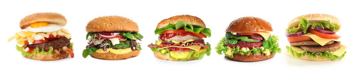 Set of different delicious burgers on white background. Banner design