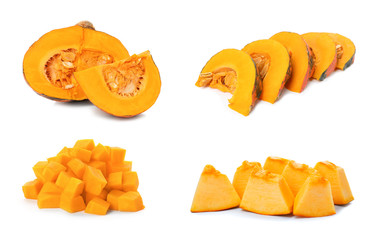 Set with cut fresh pumpkins on white background