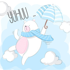 Cute bear flying with umbrella illustration for kids