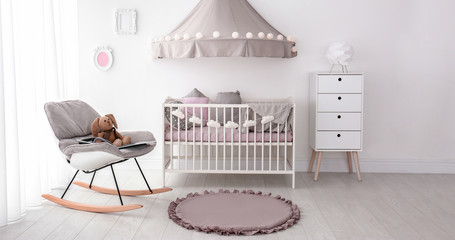 Baby room interior with comfortable crib. Banner design