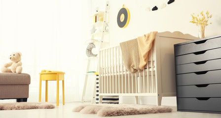 Baby room interior with comfortable crib. Banner design