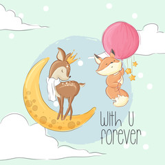 Cute deer and fox on the moon cartoon animal
