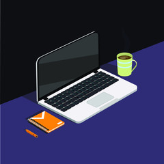 White laptop on blue background. Coffee and copybook