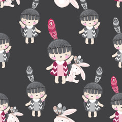 cute kid tribal and the beautiful rabbit with seamless pattern