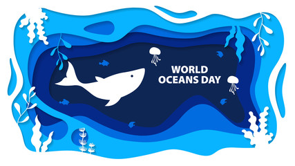 World oceans day craft paper art. The Global celebrate dedicated to protect fish or plants. Beach ecosystem conservation concept. Sea waves origami.