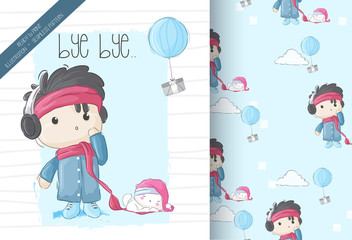 Cute little boy and beautiful cat with seamless pattern