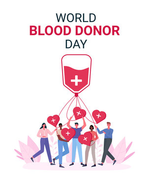 Volunteers woman and man donating blood. Blood donor charity. World Blood Donor Day, Health Care.People are holding hearts. For banner, poster, card, web, landing page.Flat cartoon vector illustration