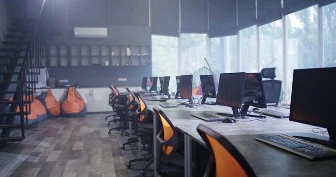 An empty workplace with computers