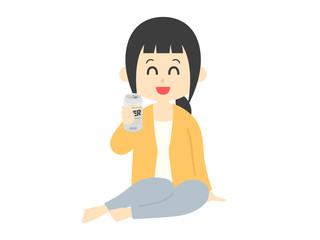 座ってビールを飲む女性のイラスト