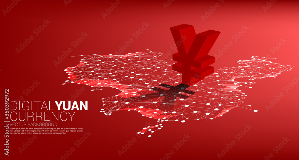 Poster vector money yuan currency icon 3d with shadow on china map dot line polygon. concept for china fina