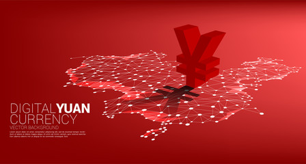 Vector money yuan currency icon 3D with shadow on china map dot line polygon. Concept for China financial and banking.