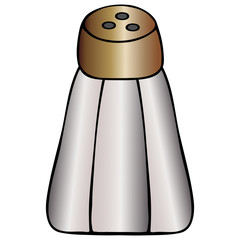 Cooking salt in a glass salt shaker. Snow white spice. Colored vector illustration. Isolated white background. Cartoon style. Used when preparing food, gargling with a cold. Menu, web design.