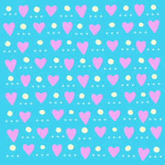 pattern of pink hearts and dots on a blue background
