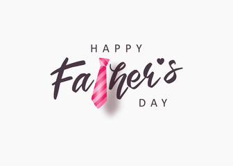 Happy Father's Day greeting card. Vector banner with a pink tie and a heart. Background with calligraphy text for loving father or sale.
