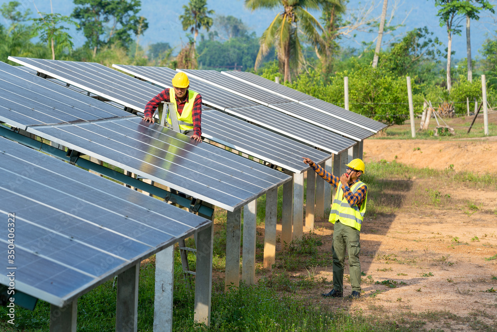 Aufkleber group of engineer checking solar panel in routine operation at solar power plant,operation and maint