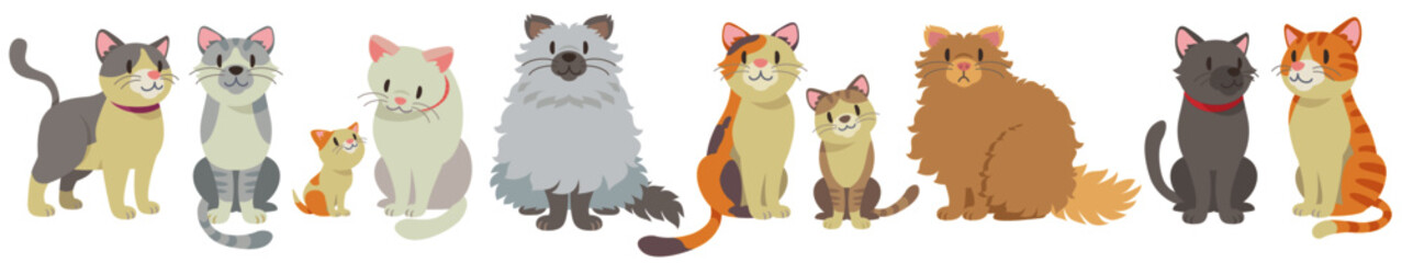 Set of cute cats in different poses on white background. Vector illustration in flat cartoon style.