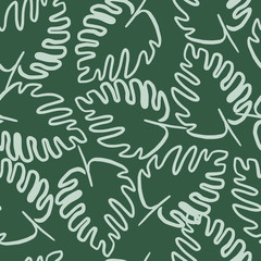 Outline monstera leaf seamless pattern on green background. Exotic jungle wallpaper. Tropical leaves vector illustration.