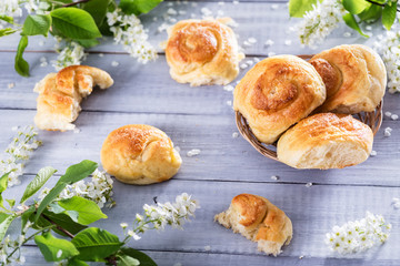 sweet buns on ceramic plate, blossom branches on white wooden background