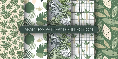 Schilderijen op glas Set of doodle jungle exotic leaves seamless pattern. Cute tropical leaf endless wallpaper. Botanical vector illustration © smth.design