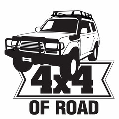 Emblem of an SUV club 4 x 4 of road. Drawn car and lettering. Black and white vector graphics