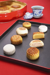A variant of mooncakes on the tray
