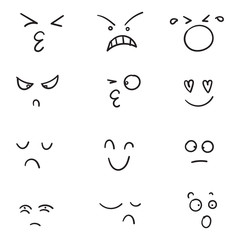 hand drawn Cartoon faces. Expressive eyes and mouth, smiling, crying and surprised character face expressions. Caricature comic emotions or emoticon doodle.