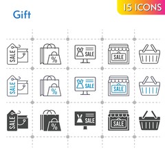 gift icon set. included shopping bag, online shop, shop, shopping-basket, shopping basket icons on white background. linear, bicolor, filled styles.
