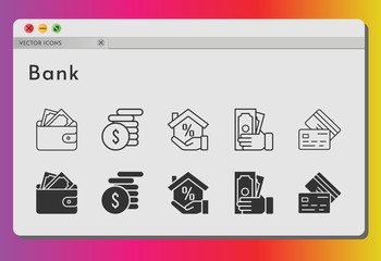 bank icon set. included wallet, mortgage, money, credit card icons on white background. linear, filled styles.