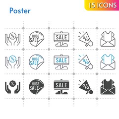 poster icon set. included megaphone, newsletter, sale, discount icons on white background. linear, bicolor, filled styles.