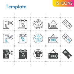 template icon set. included calendar, shirt, voucher, discount, open icons on white background. linear, bicolor, filled styles.