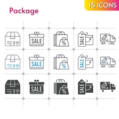 package icon set. included gift, shopping bag, package, delivery truck icons on white background. linear, bicolor, filled styles.