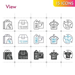 view icon set. included shopping bag, package, shirt icons on white background. linear, bicolor, filled styles.