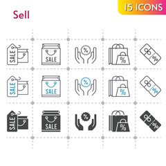 sell icon set. included shopping bag, discount icons on white background. linear, bicolor, filled styles.