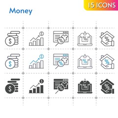 money icon set. included profits, online shop, mortgage, money icons on white background. linear, bicolor, filled styles.