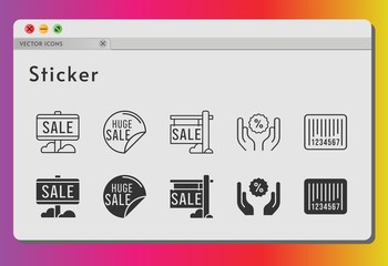 sticker icon set. included sale, discount, barcode icons on white background. linear, filled styles.